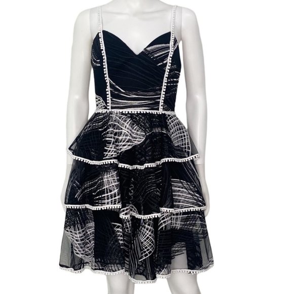 Love By Theia Tiered Mini Cocktail Dress Layered Black and White Print Size 4 - Picture 3 of 16